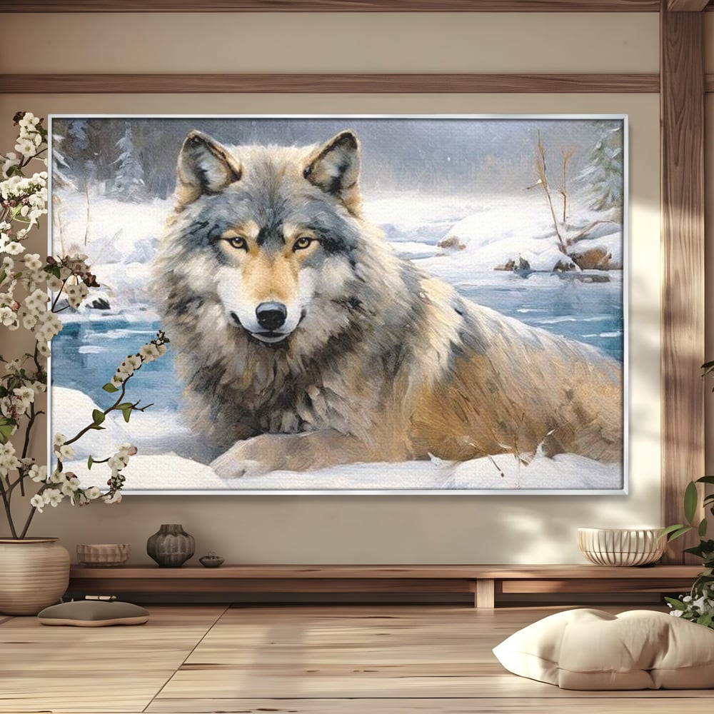 Tablou canvas cu pictura cu lup singuratic in zapada, in rama de aluminiu argintiu
